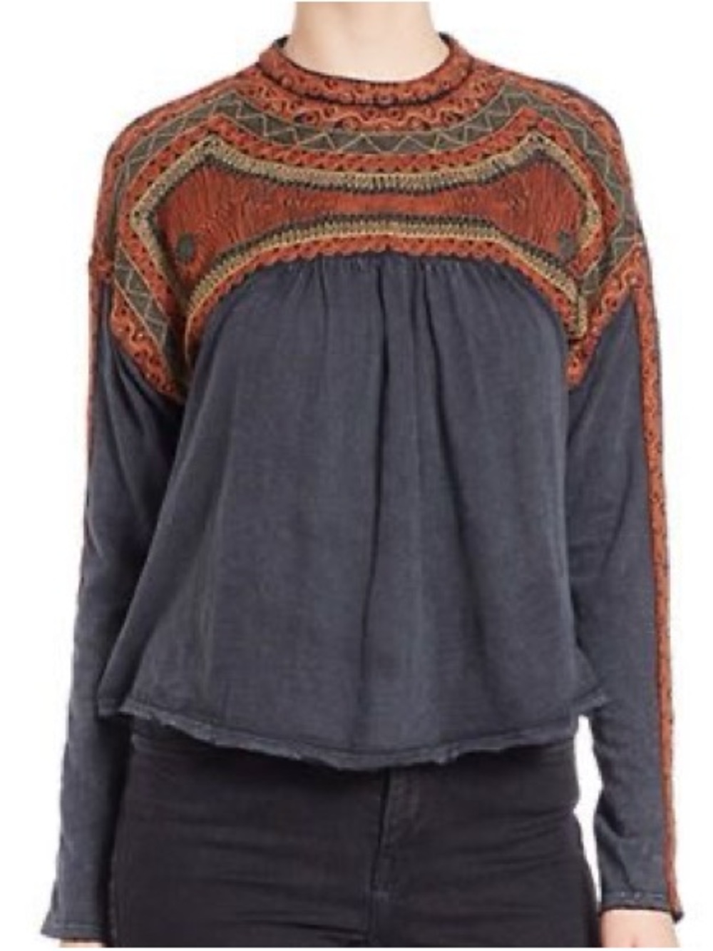 Free People Charcoal Sweatshirt with Rust Embroidered Yoke